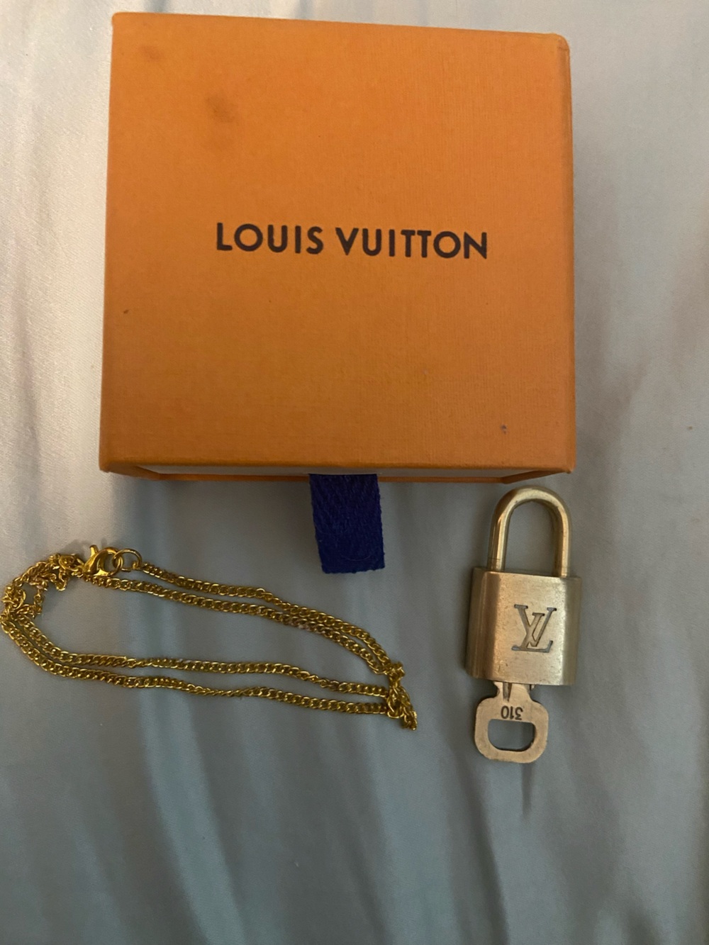Louis Vuitton Gold Padlock Key 310 Charm with Gold Chain and box